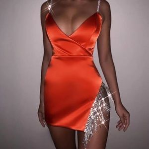 Red mini dress with Rhinestone slit